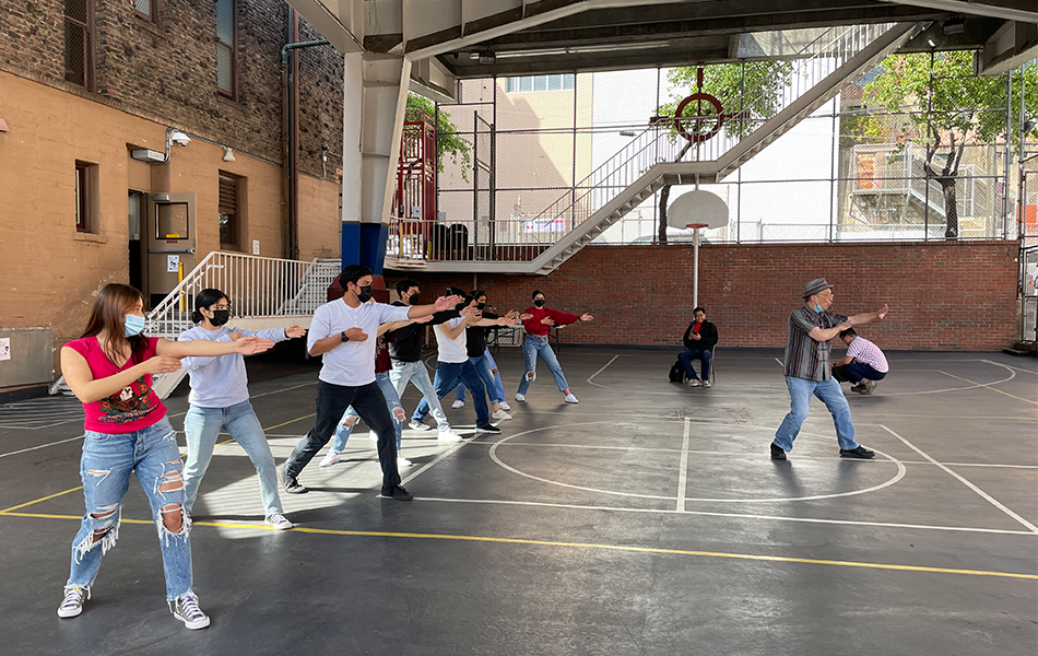 Students taking a martial arts lesson